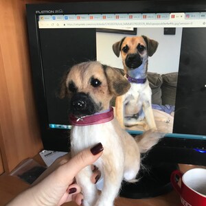 May include: Two needle felted dog figurines. The smaller dog is being held in a hand. The larger dog is sitting on a brown surface. Both dogs are brown and white with black noses and eyes. The smaller dog is wearing a burgundy collar with a small bow.