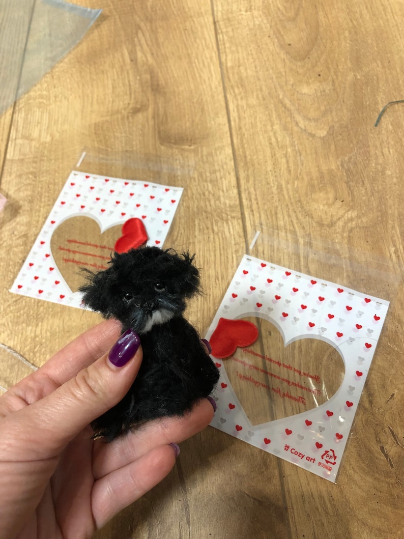 May include: A small, black plush dog with a white muzzle is held in a hand. The dog has a fluffy appearance. Two cards with heart-shaped cutouts and red heart patterns are in the background. A red heart is attached to one card.