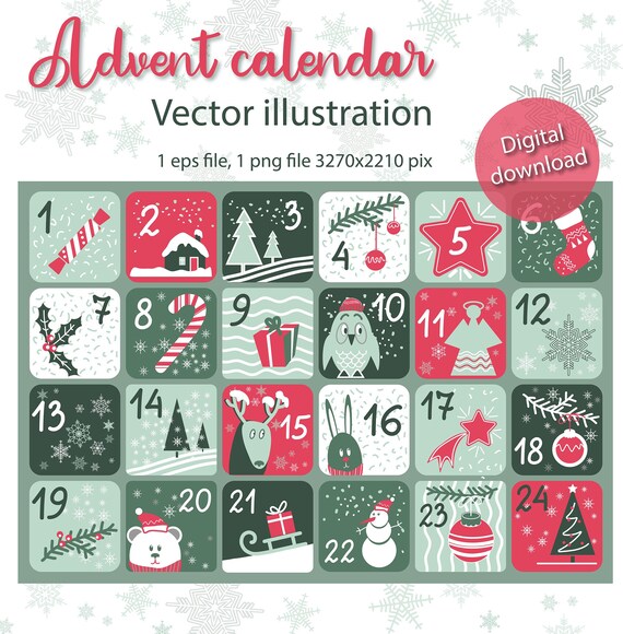 Advent Calendar Printable Set of 24 Vector Illustrations Christmas Printable  Digital Advent Pdf Eps Christmas Clipart Free Commercial Use - Etsy