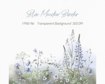 Watercolor Wildflower Border, Blue Meadow Floral Clipart (Digital Download)