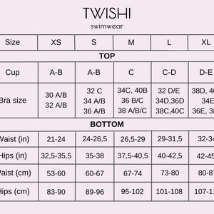 May include: Swimwear size chart with measurements in inches and centimetres. The chart includes sizes XS to XL, with bra sizes ranging from A-B to D-E. Waist measurements range from 21-34 inches, and hip measurements range from 83-114 cm.