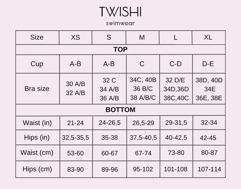 May include: Swimwear size chart with measurements in inches and centimetres. The chart includes sizes XS to XL, with bra sizes ranging from A-B to D-E. Waist measurements range from 21-34 inches, and hip measurements range from 83-114 cm.