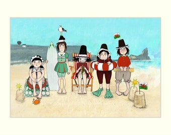 walisischer Kunstdruck, walisischer Damen-Rhossili-Druck, walisisches Kunstgeschenk, walisische Geschenke, walisischer Künstlerdruck, walisische Illustration, walisische Damen