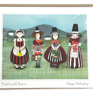 Tarjeta de cumpleaños, dama galesa, traje galés, feliz cumpleaños, Penblwydd Hapus, diseño de regalos galeses, tradición galesa, tarjeta de felicitación bilingüe.