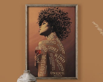 Black Woman Afro Girl Music and Wine I Am Unique Good Important Poster Canvas