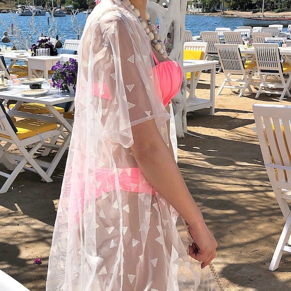 White Transparent Long Kimono, Beach Large Cover Up, Woman Boho Pareo, Half Sleeve Cardigan, Beach Robe Sarong, Handmade Gift For Her