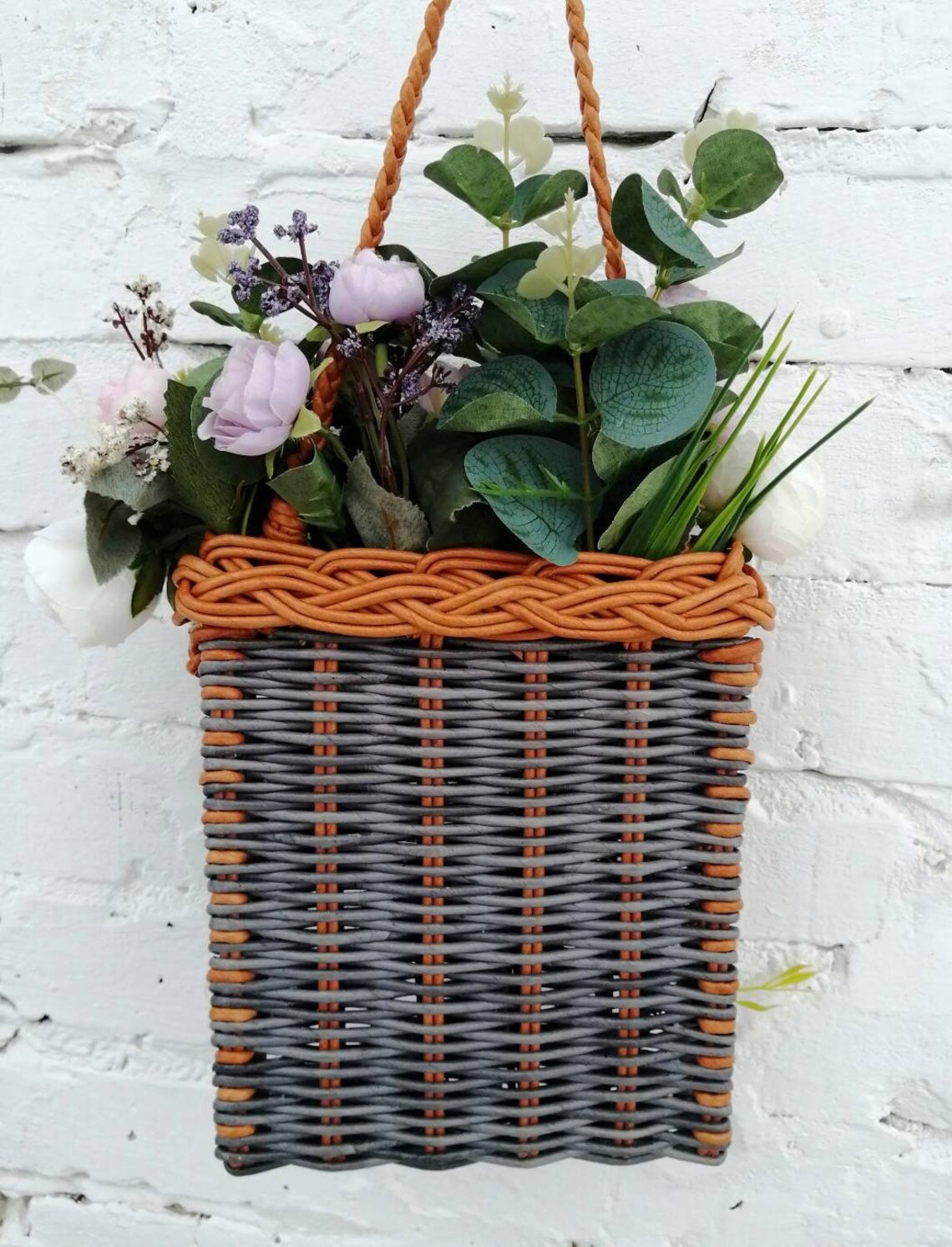 Flat wicker door basket Basket on the wall with flowers Door Etsy