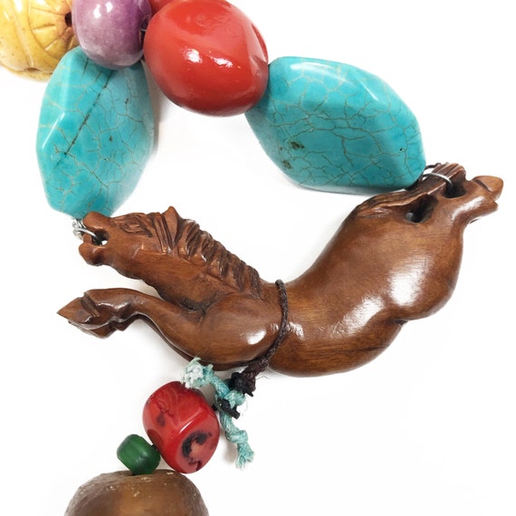 Vtg Carved Wooden Running Horse Beaded Artisan Cr… - image 1