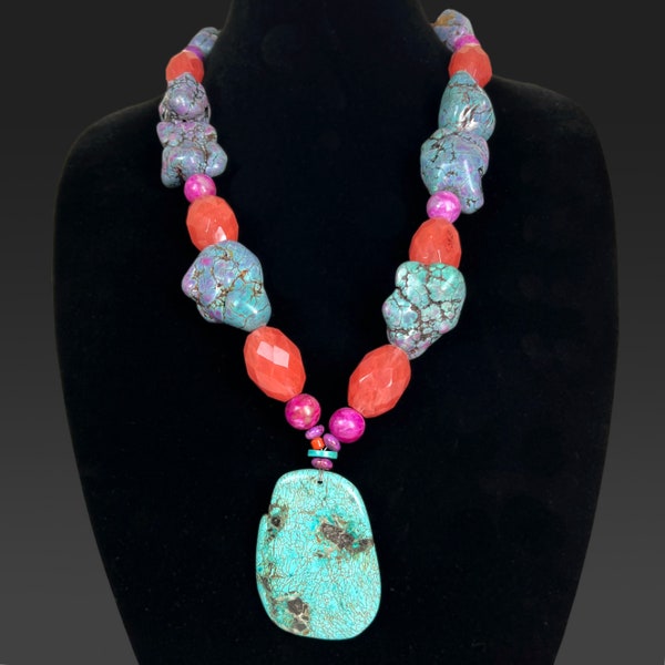 Vintage XL Turquoise Slab Pendant on Beaded Necklace with Faceted Carnelian and Rare Rose/Blue Dyed Howlite Nuggets