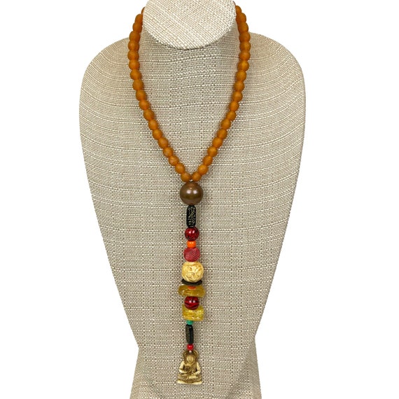 Long Beaded Necklace w/ Handcarved Sitting Buddha… - image 1