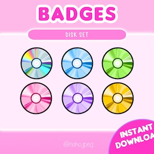 May include: Six colorful disc badges with a rainbow, blue, green, pink, purple, and gold design. The badges are arranged in two rows of three. The text "DISK SET" is above the badges and the text "INSTANT DOWNLOAD!" is below the badges.