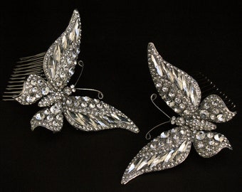 Set of 2 Large Silver Crystal Butterfly Hair Combs - Bridal Wedding Fashion Evening Dress