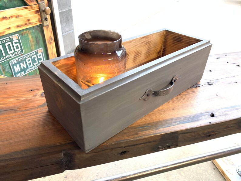 Reclaimed, Antique Pine Wood Box. Table Top Storage Caddy With Hammered