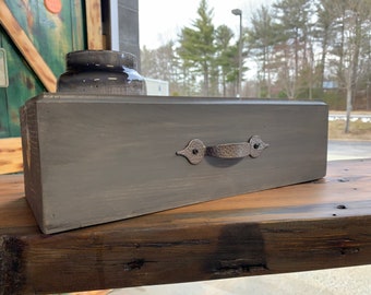 Reclaimed, antique pine wood box. Table top storage Caddy with hammered metal drawer pull handle. Farmhouse rustic decor.