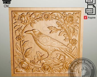 Krähe Bas Relief 3D STL Datei: CNC-Fräser, Holzschnitzerei (Digitaler Download)