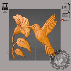 Hummingbird Flower 3D STL File for CNC Router, 3D Print, Casting, Wood Carving, Engraving, 3D Relief, Animal, Wildlife, Nature, Bird