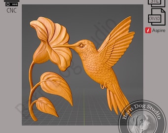 Hummingbird & Flower 3D Model STL File: CNC Router, Wood Carving