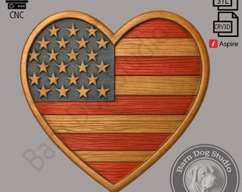 USA Flagge Herz 3D Modell, CNC Fräse und 3D Druck (STL & Aspire Dateien)