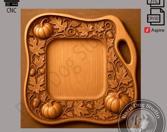 Herbst Ernte Serviertablett STL-Datei - Kürbisse, Blätter & Eicheln - CNC-fertiges Bas-Relief-Design