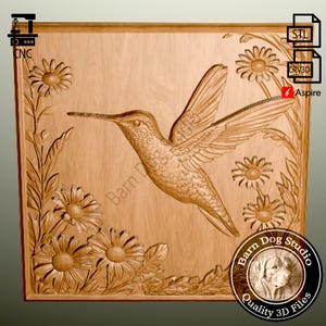 Hummingbird Flowers 3D STL File for CNC Router, 3D Print, Casting, Wood Carving, Engraving, 3D Relief, Animal, Wildlife, Nature, Bird