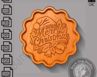 Frohe Weihnachten Tablett - CNC Files für Holz (svg, dxf, eps, ai, pdf, crv, crv3d)