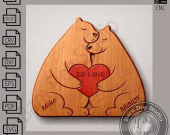 Personalisierte Bärenpaar CNC-Datei | Valentinstag Holzschnitzerei Digitale Dateien | Personalisierte Herzschilder (svg, dxf, eps, ai, pdf, crv, crv3d)