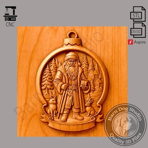 May include: A wooden Christmas ornament featuring a detailed carving of Santa Claus, surrounded by trees, houses, and two animals. The ornament has a loop for hanging and is set against a wood grain background.