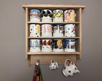 Wall mounted oak wooden shelf mug display unit holder for Emma Bridgewater 1/2 mugs tea towels handmade in UK