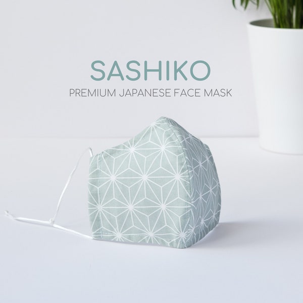 Japanese Pastel Face Mask with Nose Wire, Filter Pocket, Sashiko pattern | Washable, Lightweight & Breathable for Summer | UK Handmade