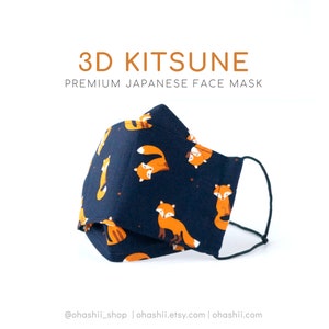 3D Kitsune: Japanese Fox Adult Origami-Style Folding Face Mask | Spring Woodland Animals | Nose Wire, Filter Pocket, Washable | UK Handmade