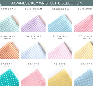 May include: A collection of 10 fabric swatches in various patterns and colors, including gingham, stripes, and dots. The swatches are labeled with numbers and names, such as "49. Gingham Green", "54. Stripes Blue", and "59. Dots Yellow".