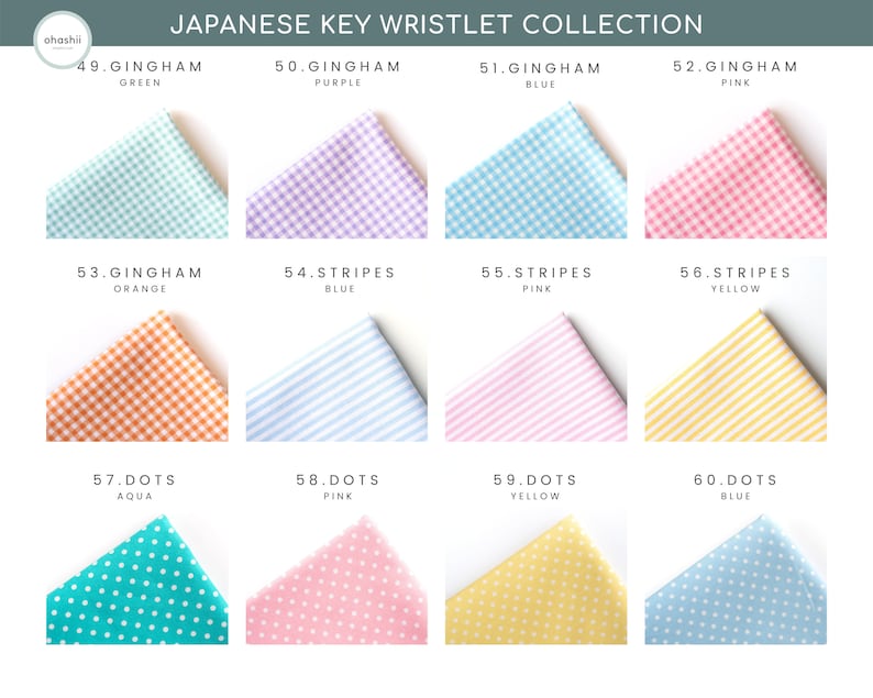 May include: A collection of 10 fabric swatches in various patterns and colors, including gingham, stripes, and dots. The swatches are labeled with numbers and names, such as "49. Gingham Green", "54. Stripes Blue", and "59. Dots Yellow".
