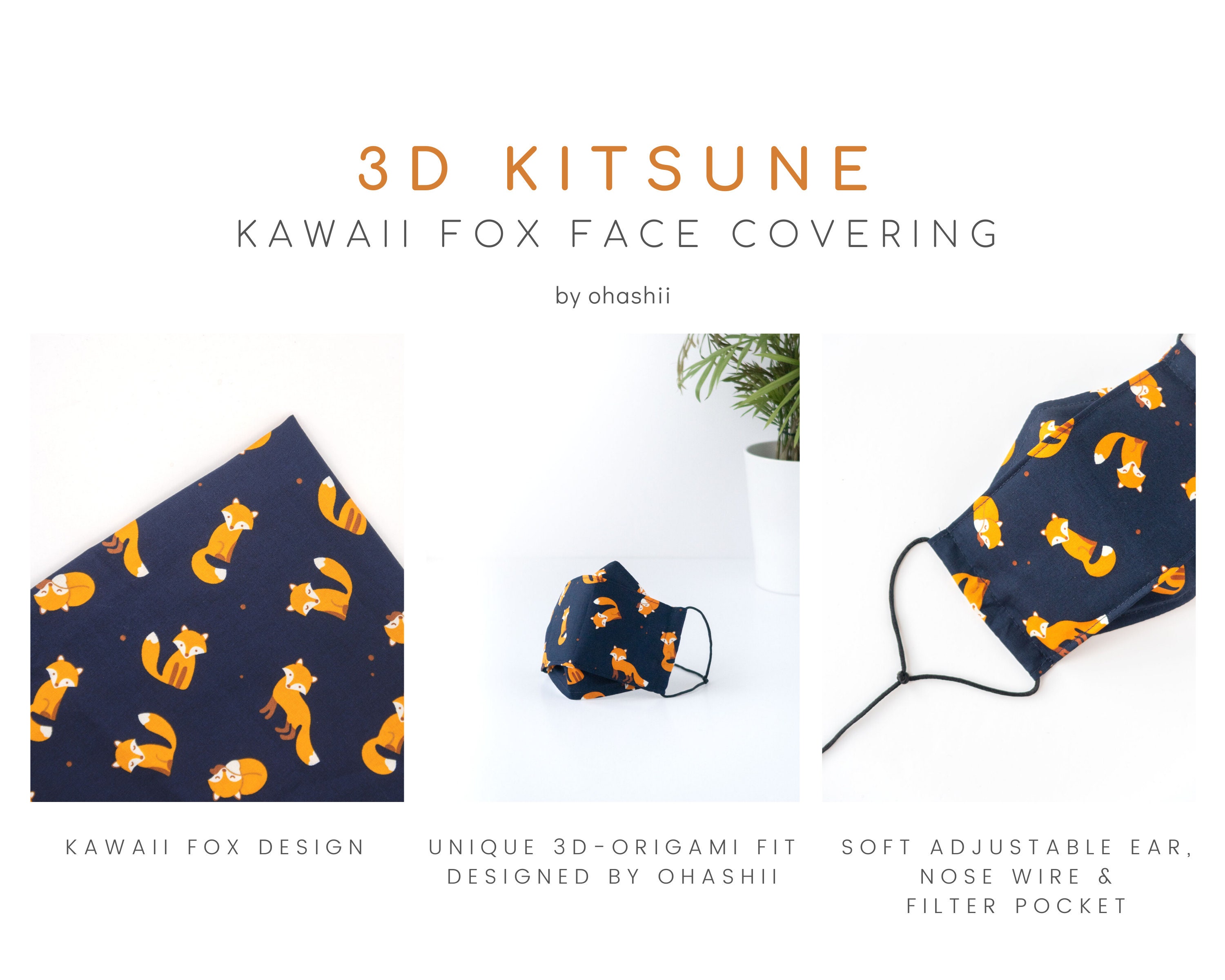 3D Kitsune Japanese Fox Adult Origamistyle Folding Face Mask Etsy UK