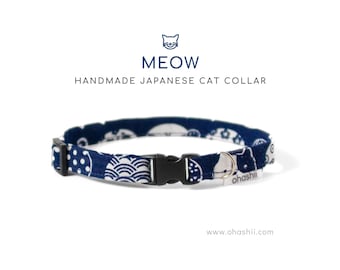 Japanese Cat Collar | Cute Navy Blue Cat Collar Unique | Kawaii Neko Cat Collar | Handmade Cat Collar Breakaway Buckle Cat Collar Kitten