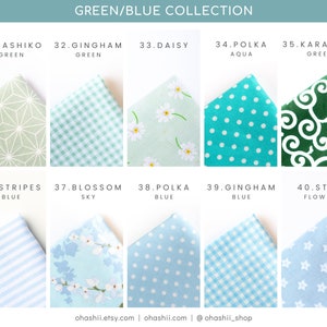 May include: A collection of ten fabric swatches in green and blue colors with different patterns. The patterns include geometric, floral, polka dot, gingham, and star designs. The swatches are labeled with numbers and names, such as Sashiko Green, Gingham Green, Daisy, Polka Aqua, Karakusa Green, Stripes Blue, Blossom Sky, Polka Blue, Gingham Blue, and Star Flower.