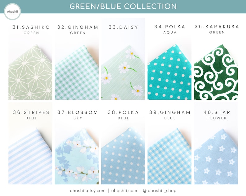 May include: A collection of ten fabric swatches in green and blue colors with different patterns. The patterns include geometric, floral, polka dot, gingham, and star designs. The swatches are labeled with numbers and names, such as Sashiko Green, Gingham Green, Daisy, Polka Aqua, Karakusa Green, Stripes Blue, Blossom Sky, Polka Blue, Gingham Blue, and Star Flower.