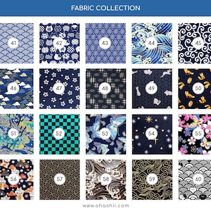 May include: A fabric collection featuring various patterns, including waves, geometric shapes, and floral designs. The fabrics are in shades of blue, black, and white, with some featuring gold accents. The collection includes fabrics numbered from 41 to 60.