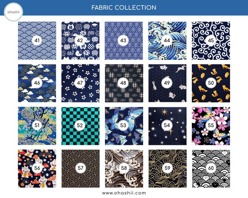 May include: A fabric collection featuring various patterns, including waves, geometric shapes, and floral designs. The fabrics are in shades of blue, black, and white, with some featuring gold accents. The collection includes fabrics numbered from 41 to 60.