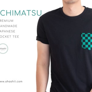 ICHIMATSU Pocket Tee Maglietta verde a scacchi giapponese Design eccentrico unico Scatola quadrata geometrica / Unisex S, M, L, XL / Ohashii fatto a mano