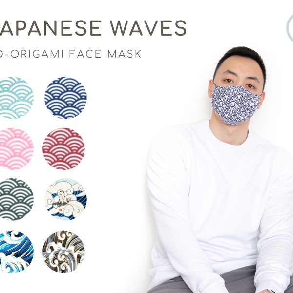 Japanese Wave 3D-Origami Face Covering Collection | Seigaiha, Nami, Kanagawa Wave Designs | Nose Wire, Filter Pocket, Anti-Fog | UK Handmade