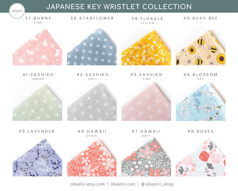 May include: A collection of 12 fabric swatches for key wristlets. The swatches feature various patterns, including bunnies, flowers, bees, and geometric designs. The swatches are labeled with numbers and names, such as "Bunny Pink", "Starflower", "Florals Yellow", and "Busy Bee".