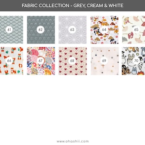 May include: A fabric collection featuring various patterns in grey, cream, and white. Designs include wave patterns, geometric shapes, and illustrations of animals and hearts. Each fabric is numbered from 61 to 70.