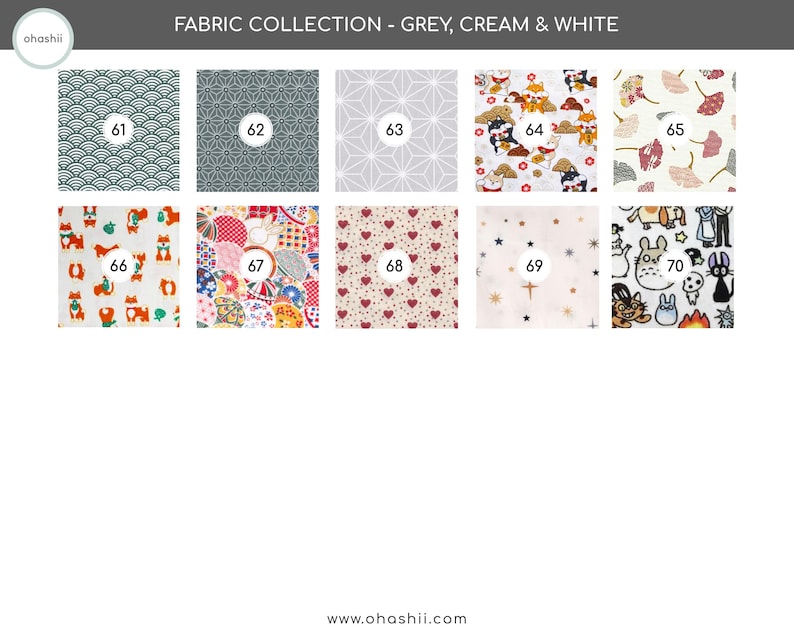 May include: A fabric collection featuring various patterns in grey, cream, and white. Designs include wave patterns, geometric shapes, and illustrations of animals and hearts. Each fabric is numbered from 61 to 70.