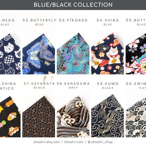 May include: A collection of 10 different fabric designs featuring Japanese-inspired patterns. The fabrics are in blue, black, and grey. The designs include cats, butterflies, Shiba dogs, and waves.