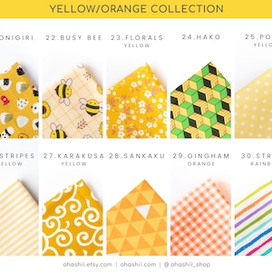 May include: A collection of 10 fabric swatches in yellow, orange, and rainbow colors. The swatches feature various patterns, including stripes, polka dots, florals, and geometric designs. The text "YELLOW/ORANGE COLLECTION" is at the top of the image.