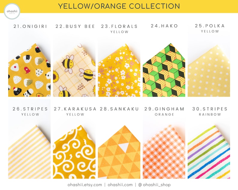 May include: A collection of 10 fabric swatches in yellow, orange, and rainbow colors. The swatches feature various patterns, including stripes, polka dots, florals, and geometric designs. The text "YELLOW/ORANGE COLLECTION" is at the top of the image.