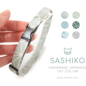 Japanese SASHIKO Cat Collar | 70+ Kawaii Kitten Collar Cat Breakaway Buckle Kitten | Pastel Aesthetic Cat Collar Mint Green Handmade UK