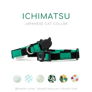 ICHIMATSU Cat Collar | Japanese Green Checkered Kitten Collar Breakaway Buckle Kitty | Kawaii Anime-Inspired Geometric Pattern Handmade UK