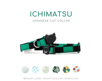 ICHIMATSU Cat Collar | Japanese Green Checkered Kitten Collar Breakaway Buckle Kitty | Kawaii Anime-Inspired Geometric Pattern Handmade UK