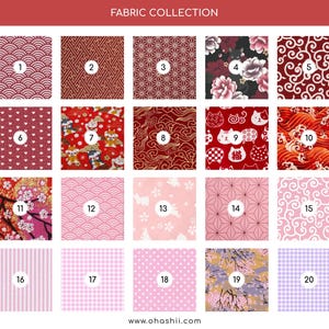 May include: A fabric collection featuring twenty different patterns. The patterns include waves, geometric shapes, floral designs, and polka dots. Colors include red, pink, gold, and purple. The text "FABRIC COLLECTION" is at the top.
